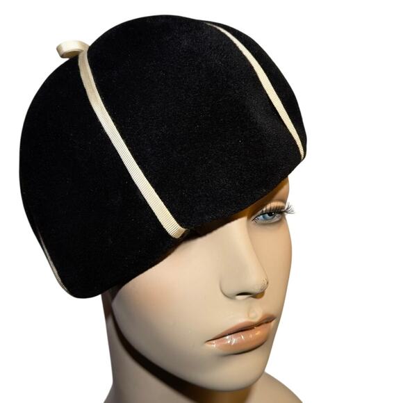 Vintage 50s Merrimac Deluxe Velour Fur Felt Beret Pillbox Hat Black Mod main image 8